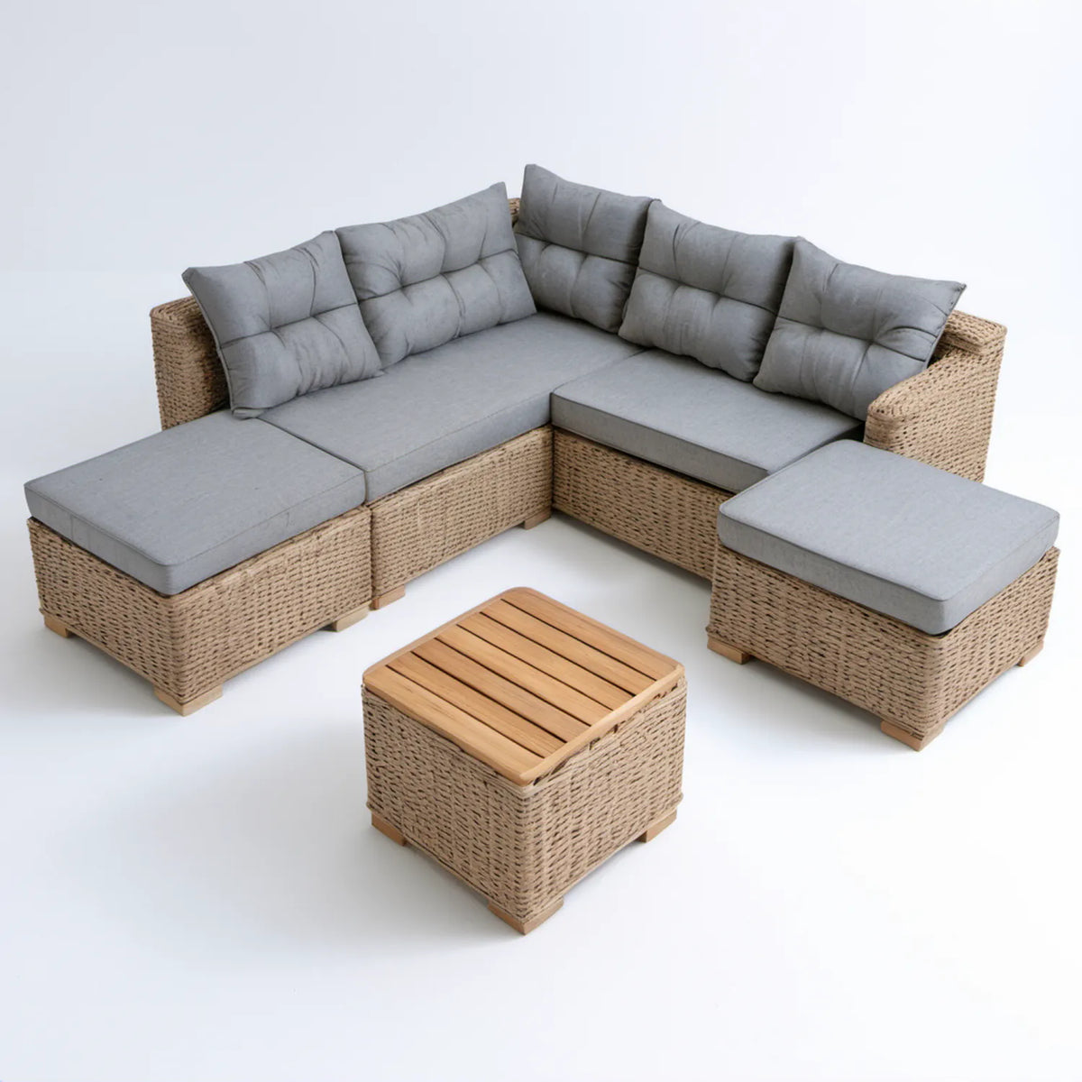 5-częściowy narożny zestaw wypoczynkowy z technorattanu PE 210 x 210 x 70 cm, naturalny beż/szary/jasnobrązowy
