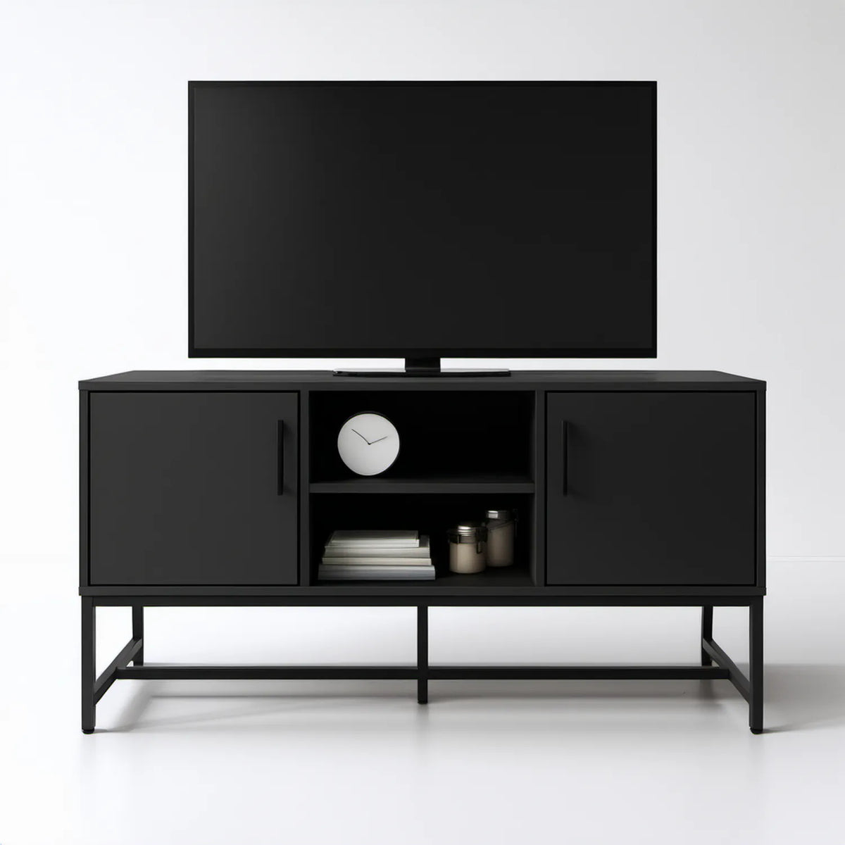 Czarna szafka RTV 140 x 40 x 60 cm z płyty MDF i stali