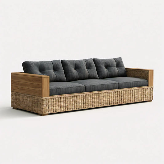3-osobowa sofa ogrodowa z technorattanu i drewna akacjowego, grafitowo-brązowo-beżowa, 220 x 85 x 75 cm
