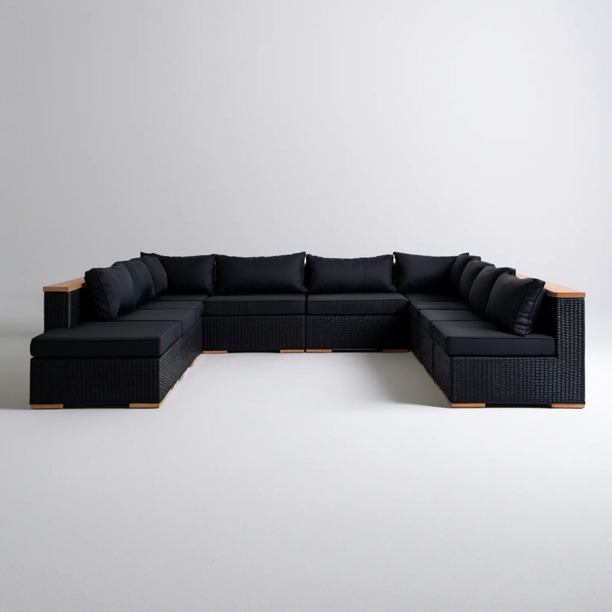 Modułowy zestaw wypoczynkowy w kształcie U, czarny/naturalny brąz, 6-osobowy, 350 x 210 x 65 cm