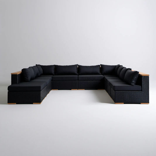 Modułowy zestaw wypoczynkowy w kształcie U, czarny/naturalny brąz, 6-osobowy, 350 x 210 x 65 cm