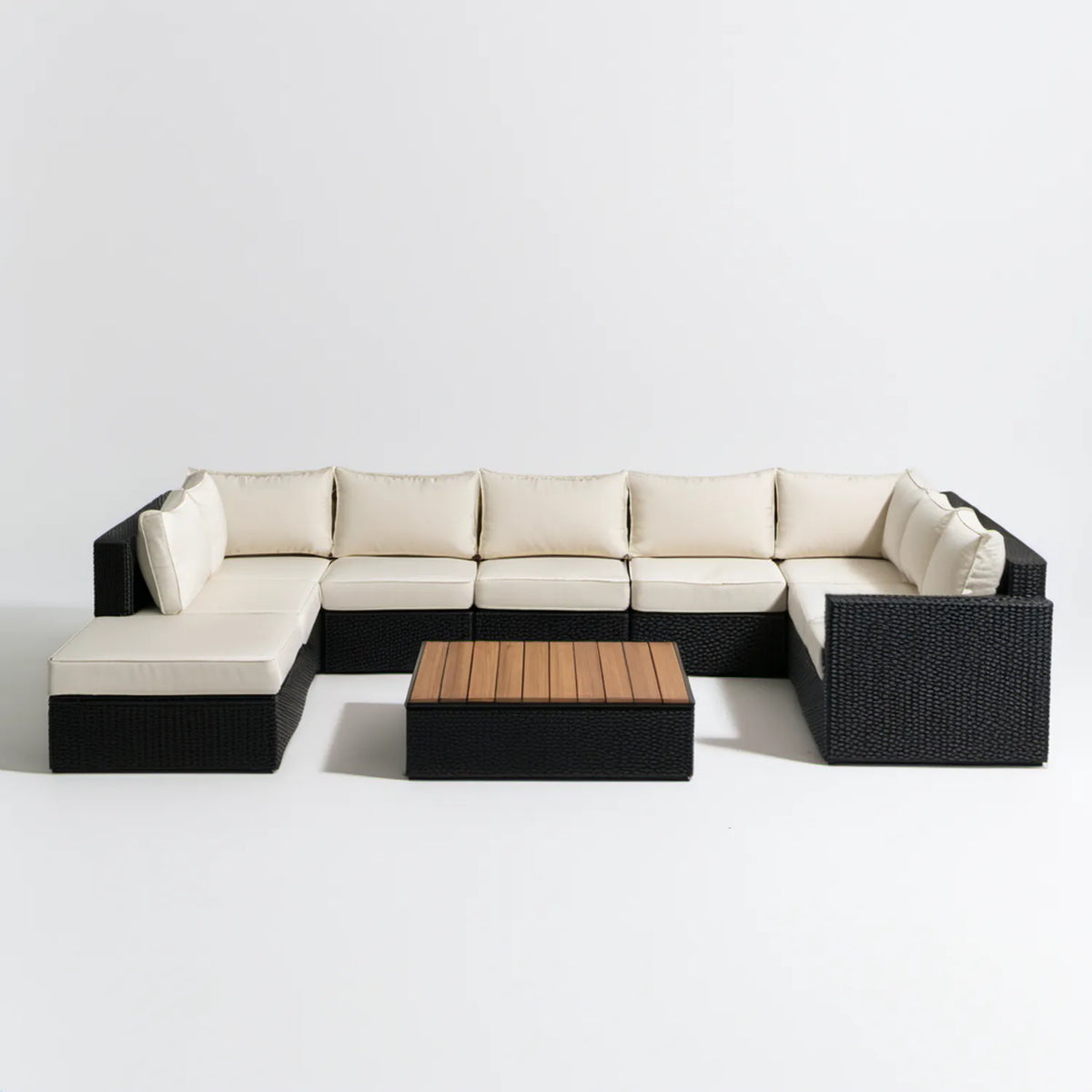 Modułowy zestaw wypoczynkowy w kształcie U z technorattanu PE, czarny/kremowy/brązowy, 300 x 220 x 65 cm