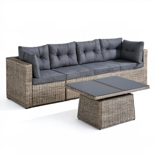 3-osobowa sofa ogrodowa ze stolikiem, technorattan PE i szkło hartowane, szarobrązowa/grafitowa, 220 × 85 × 75 cm