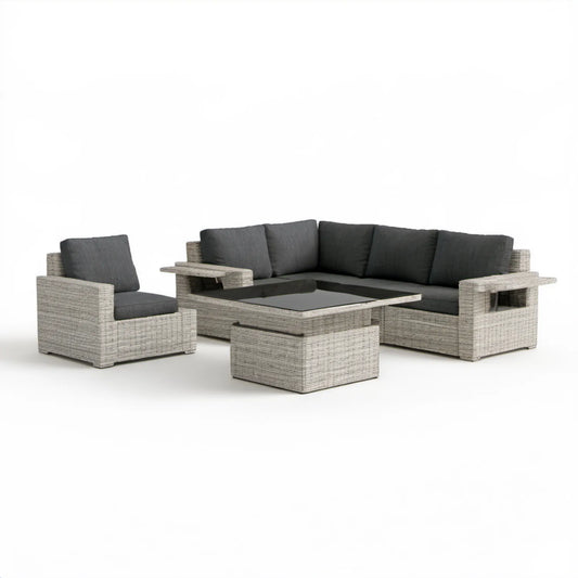 Zestaw ogrodowy z technorattanu: sofa narożna 220 × 220 × 78 cm, fotel i stolik, Szary/Grafitowy/Czarny