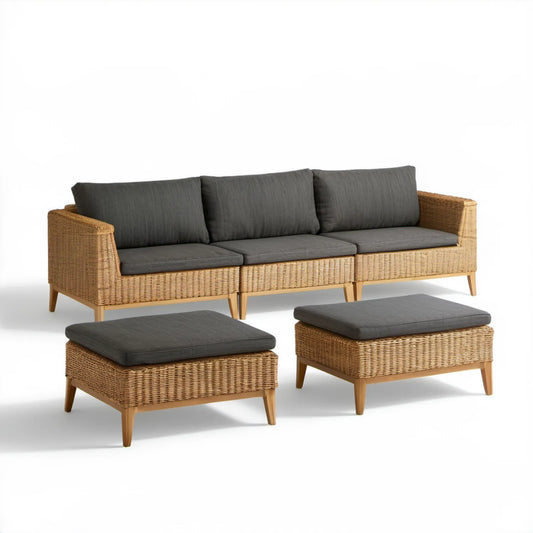 Zestaw wypoczynkowy z technorattanu PE – sofa 3-osobowa 228 × 82 × 78 cm i 2 podnóżki, brązowy/grafitowy