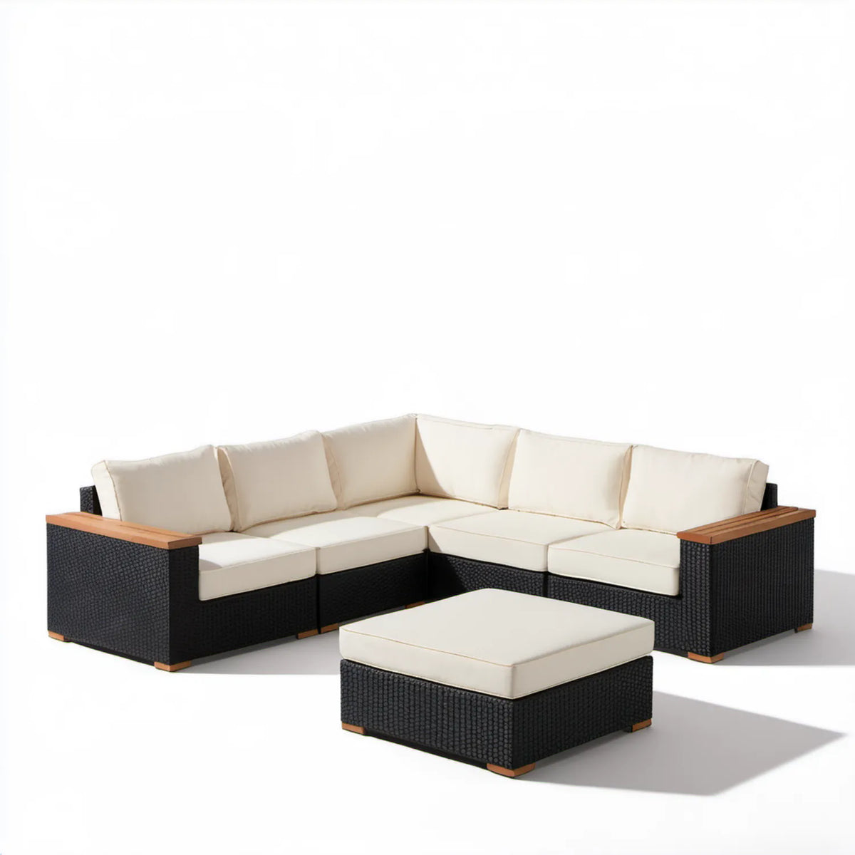 Narożna sofa ogrodowa z pufą w kształcie L 280 x 210 x 65 cm Czarna/Beżowa/Brązowa