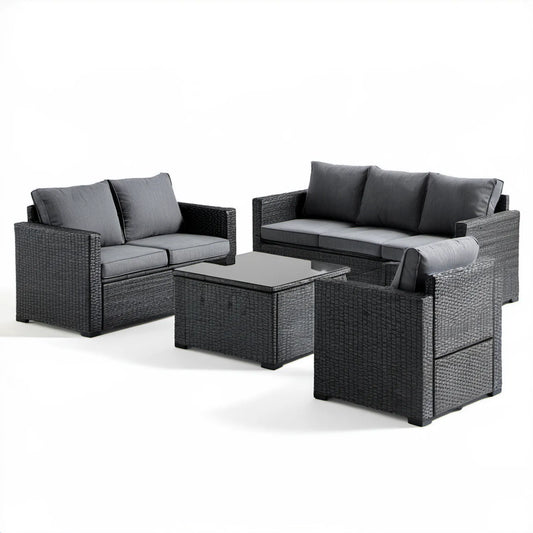 4-częściowy zestaw ogrodowy z technorattanu Czarny/Grafitowy – sofa 124 × 65 × 75 cm, 2 fotele, stolik 85 × 45 × 38 cm